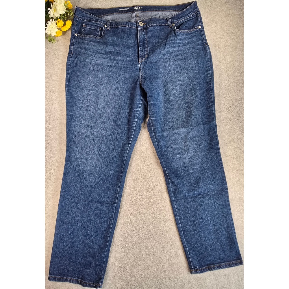 Style & Co Straight Leg Jeans Womens 22W Blue Dark Wash Stretch Denim Casual